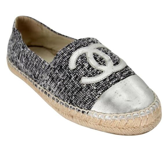 Chanel Espadrille 37 Tweed Canvas Leather Cc Cap-toe Flats CC-S0207P-C044 - Picture 7 of 11